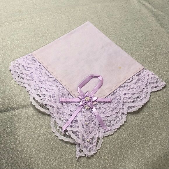 Vintage 1960s Handmade Ladies Lacy Handkerchief in Lavender w/Ribbon & Beads - Picture 1 of 9